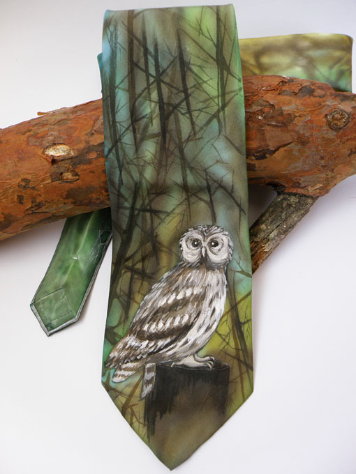 Hand painted silk necktie Owl